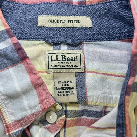 LL Bean Mens L Plaid Short Sleeve Shirt Slightly Fitted 100% Cotton Multi - Picture 2 of 9